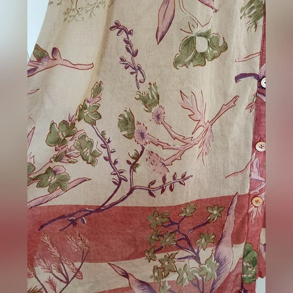 DONNA KARAN Tan Red Cotton Silk Floral Print Long Sleeve Tunic Blouse SZ Small